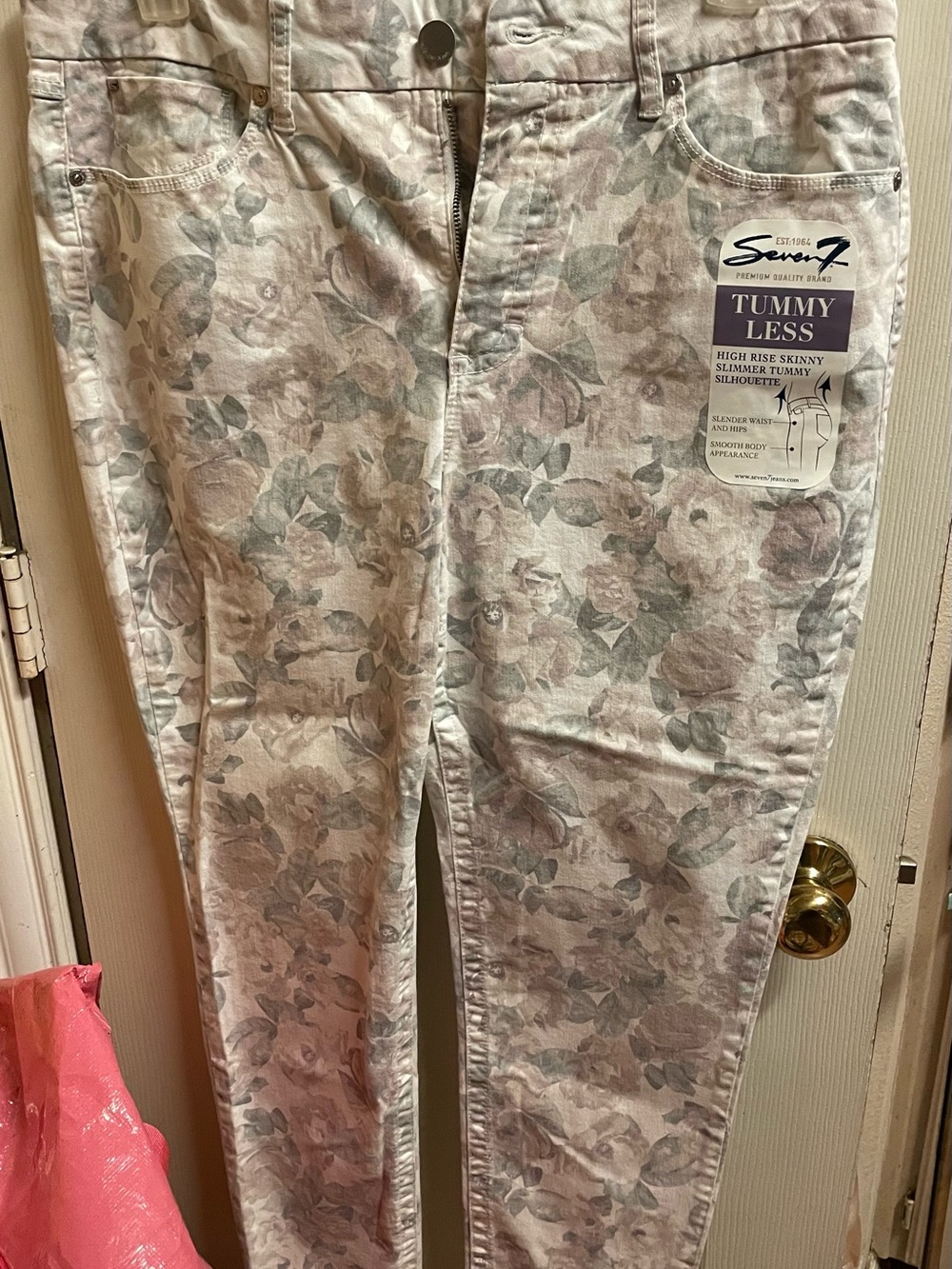 Seven7 High-Rise Skinny Jeans in Soft Floral Cream and Green